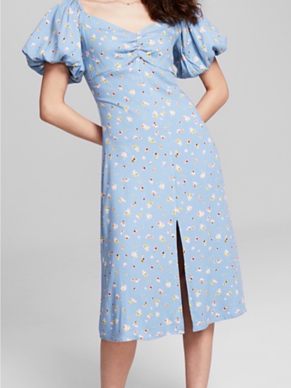 And Now This, Sky Blue Floral Puff-Sleeve Midi Dress with Front Slit
